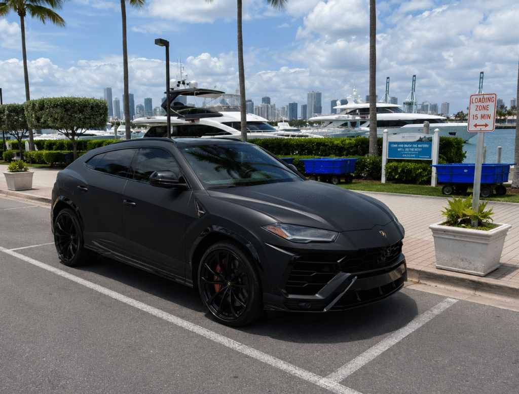 Matte Black Lamborghini Urus in Miami,. Exotic Miami Car Rental, EMCR Miami