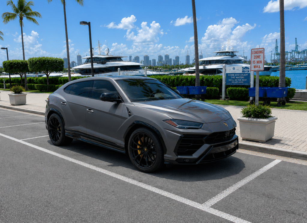 Grey Lamborghini Urus in Miami,. Exotic Miami Car Rental, EMCR Miami