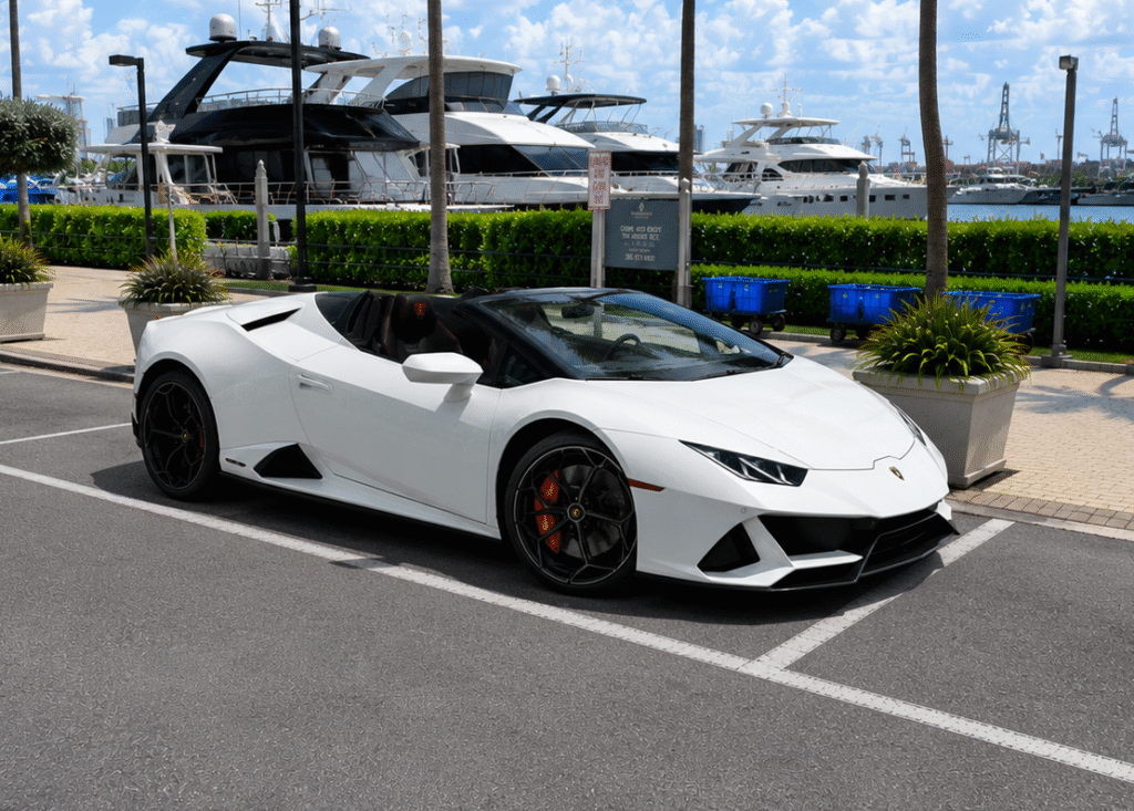 white Lamborghini Huracan Evo Spyder in Miami,. Exotic Miami Car Rental, EMCR Miami