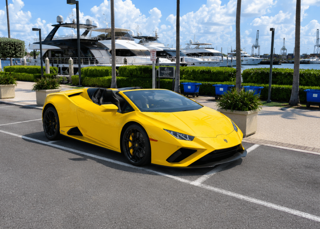 yellow Lamborghini Huracan Evo Spyder in Miami,. Exotic Miami Car Rental, EMCR Miami