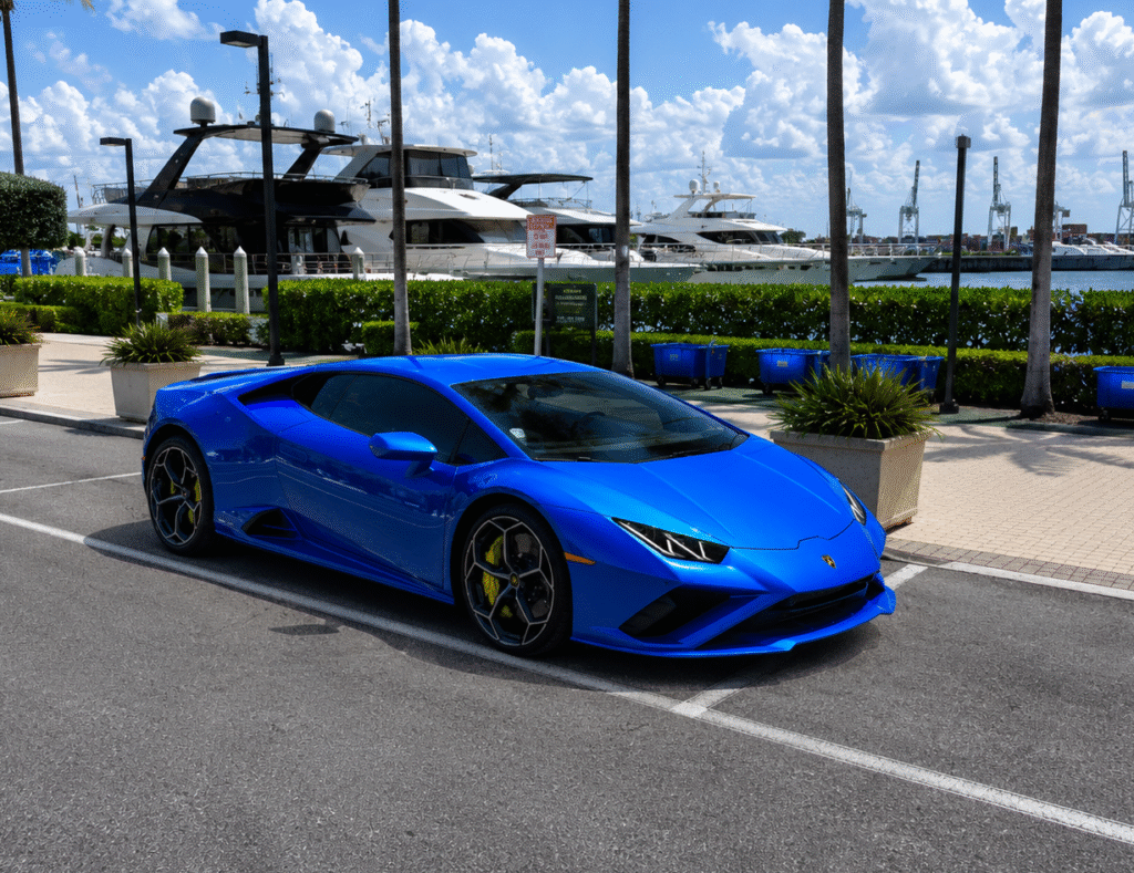 blue Lamborghini Huracan Evo Spyder in Miami,. Exotic Miami Car Rental, EMCR Miami