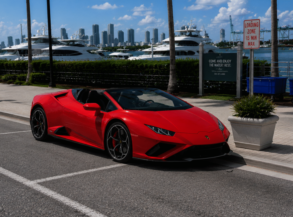 red Lamborghini Huracan Evo Spyder in Miami,. Exotic Miami Car Rental, EMCR Miami