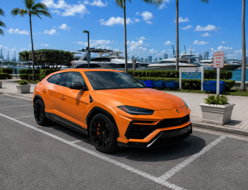 Orange Lamborghini Urus in Miami,. Exotic Miami Car Rental, EMCR Miami