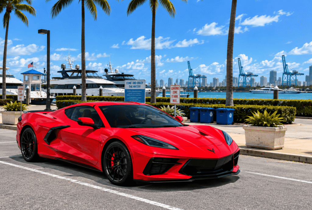 Red Corvette C8 exotic miami car rental EMCR